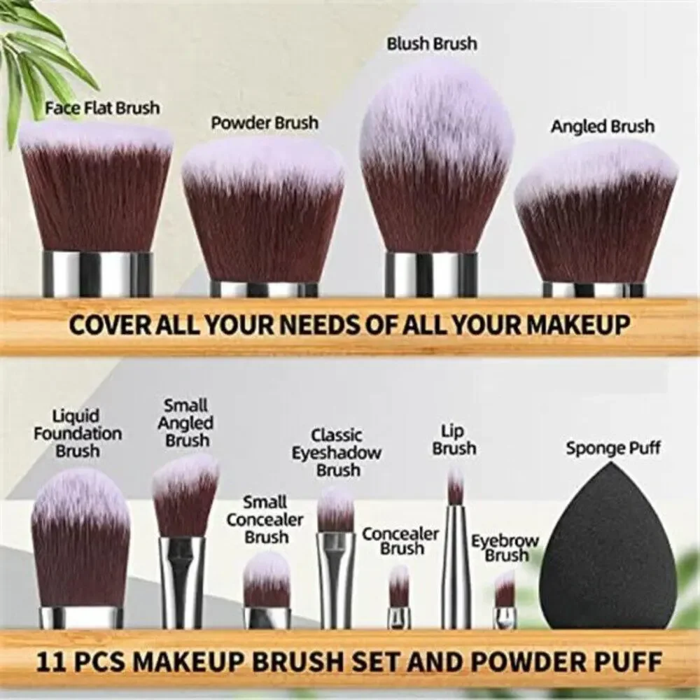 Small Makeup Brush Set 11Pcs Bamboo Synthetic Kabuki Brush Set